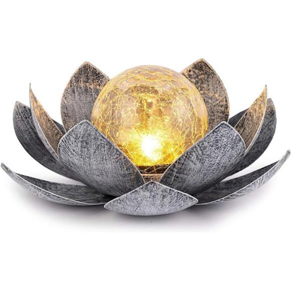 Solar Lights Garden Crackle Globe Glass Lotus Waterproof LED Metal Flower Lights